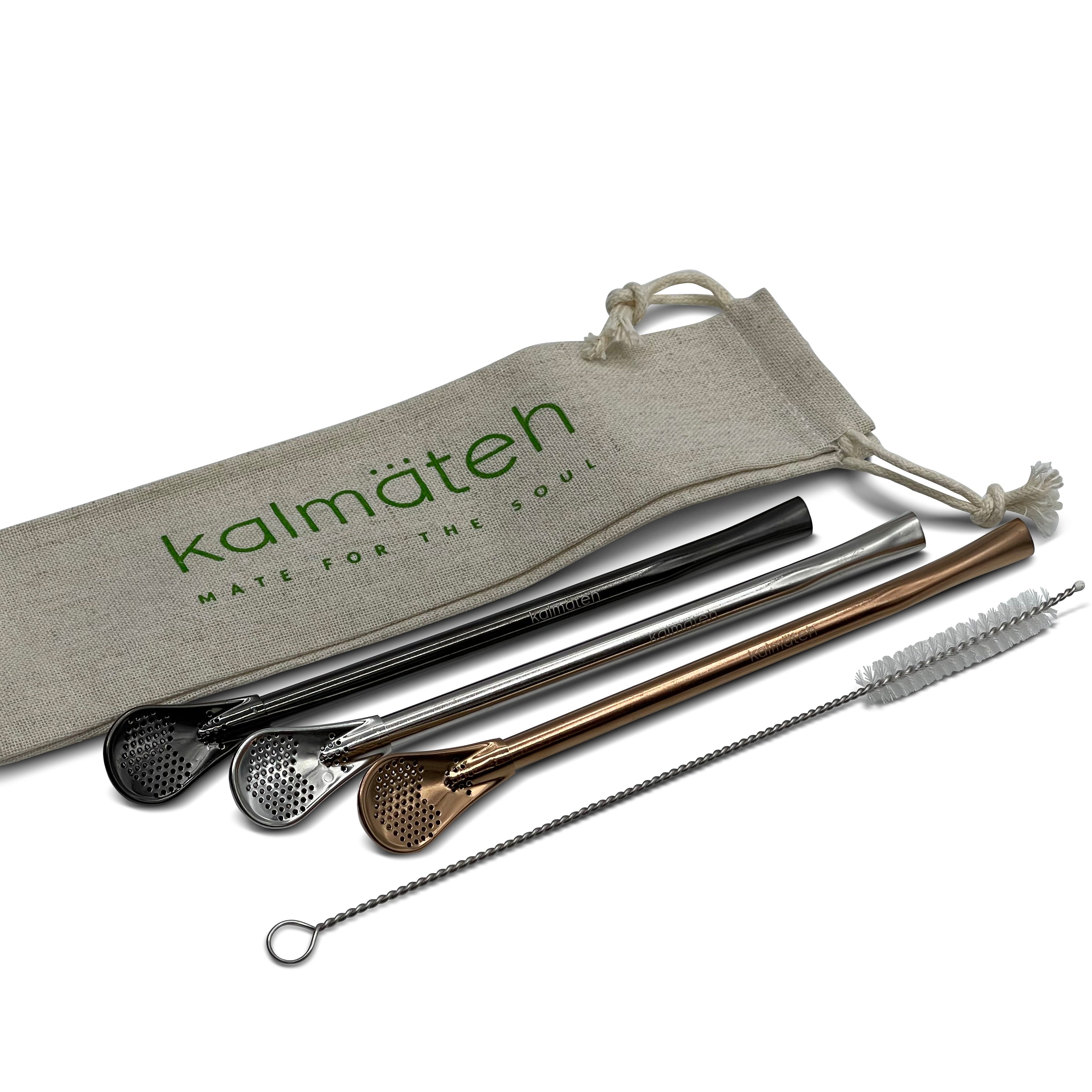 Rose Gold, Black & Silver Stainless Steel Bombillas with Free Cleansing Brushes- Set of 3