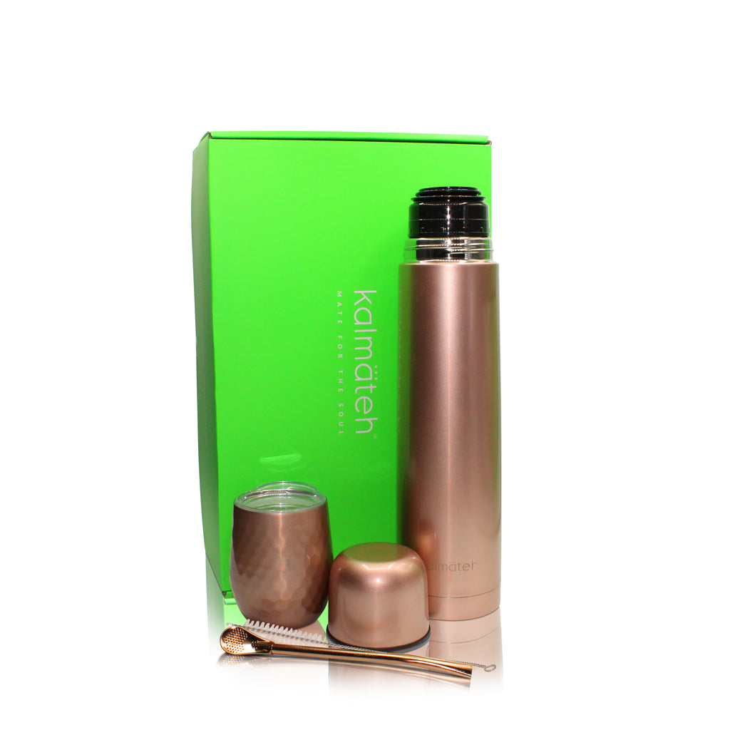 YERBA MATE KIT: MATE GOURD (8OZ) WITH BOMBILLA + THERMOS 1000ML (Rose Gold)