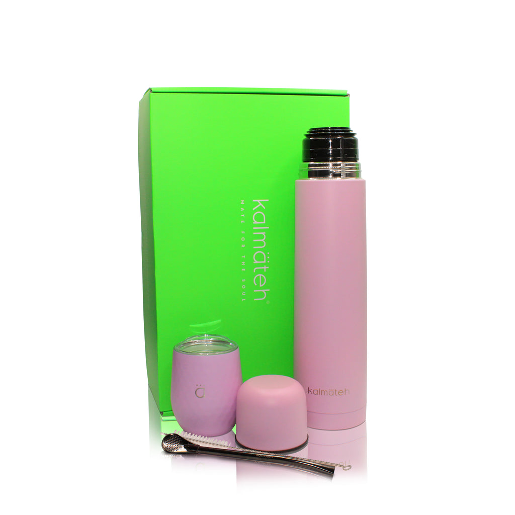 YERBA MATE KIT: MATE GOURD (8OZ) WITH BOMBILLA + THERMOS 1000ML (Pastel Pink)