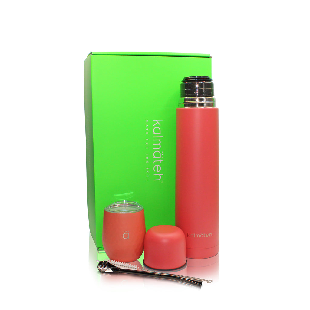 YERBA MATE KIT: MATE GOURD (8OZ) WITH BOMBILLA + THERMOS 1000ML (Coral)