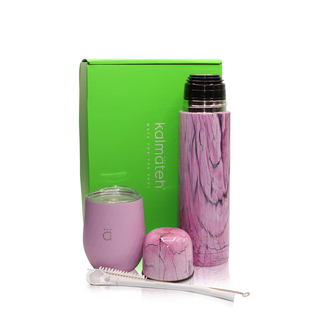 YERBA MATE KIT: MATE GOURD (8OZ) WITH BOMBILLA + THERMOS 500ML (Pastel Pink Gourd + Pink Marble Thermos)