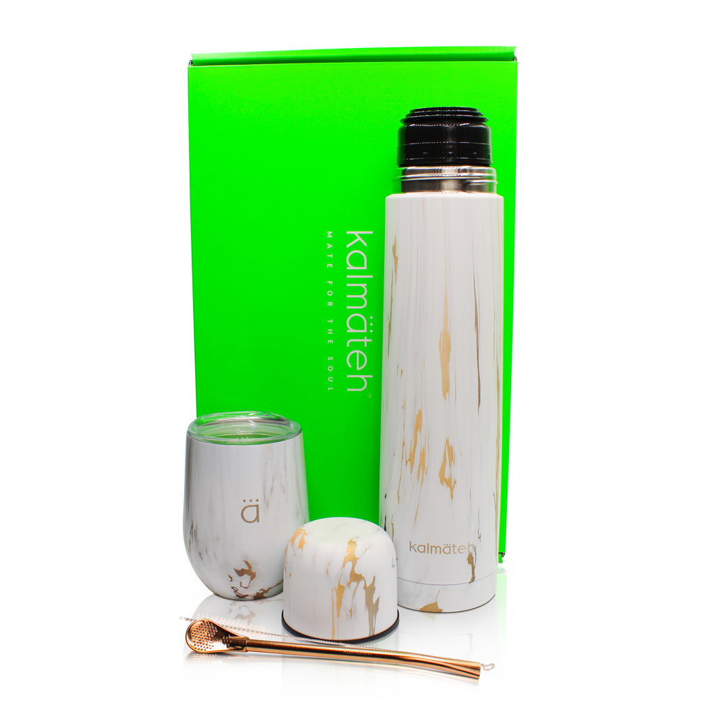 Gold Marble XL Mate Gourd (12oz) with Bombilla + Thermos (1000ml)