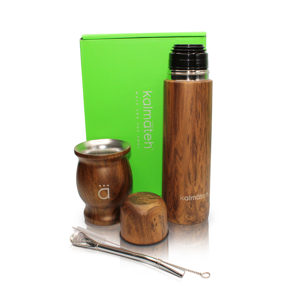 Wood Traditional Mate Gourd with Bombilla + Wood Mini Travel Thermos 500ml